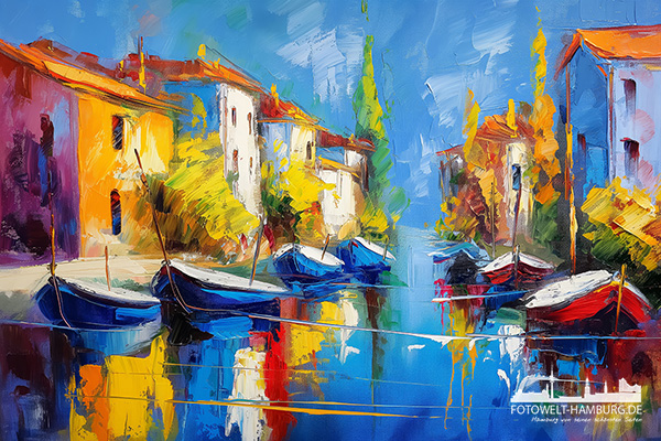 Verträumtes Fischerdorf - modernes Wandbild im Stil eines Gemäldes als Kunstdruck auf Leinwand, Acrylglas oder als Poster