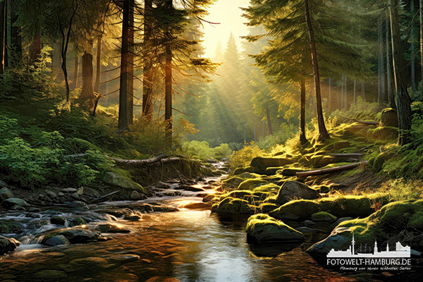 Bachlauf im Wald - modernes Wandbild im Stil eines Gemäldes als Kunstdruck auf Leinwand, Acrylglas oder als Poster