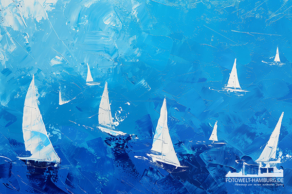 Weiße Segelboote - modernes Wandbild im Stil eines Gemäldes als Kunstdruck auf Leinwand, Acrylglas oder als Poster