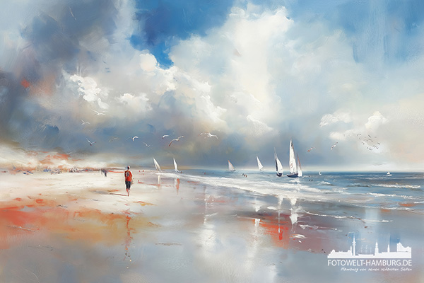 Weiter Strand - maritimes Wandbild im Stil eines Gemäldes als Kunstdruck auf Leinwand, Acrylglas oder als Poster