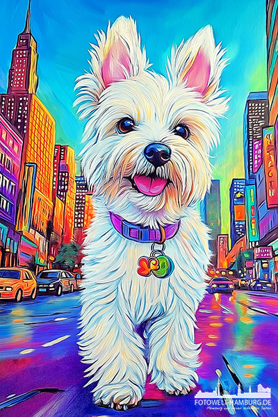 Westie in Manhattan - modernes Wandbild im Stil eines Gemäldes als Kunstdruck auf Leinwand, Acrylglas oder als Poster
