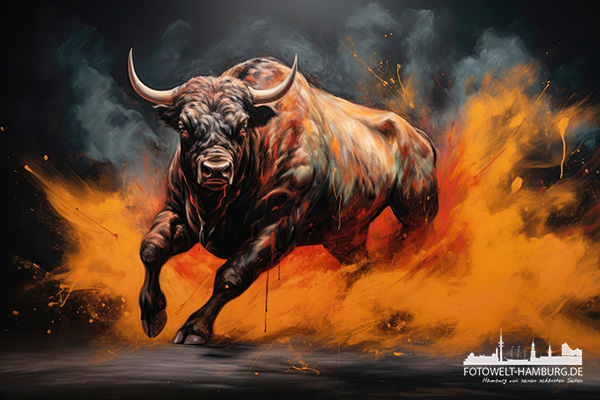 Stier in schwarz und orange - digitales Gemälde als Kunstdruck auf Leinwand, Acrylglas oder als Poster