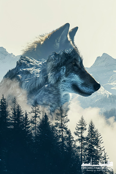 Echo der Wildnis, ein Wolf vor einer Bergkulisse - modernes Wandbild im Stil einer Illustration als Kunstdruck auf Leinwand, Acrylglas oder als Poster
