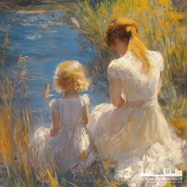 Mädchen am Fluss - modernes Wandbild im Stil eines Gemäldes als Kunstdruck auf Leinwand, Acrylglas oder als Poster